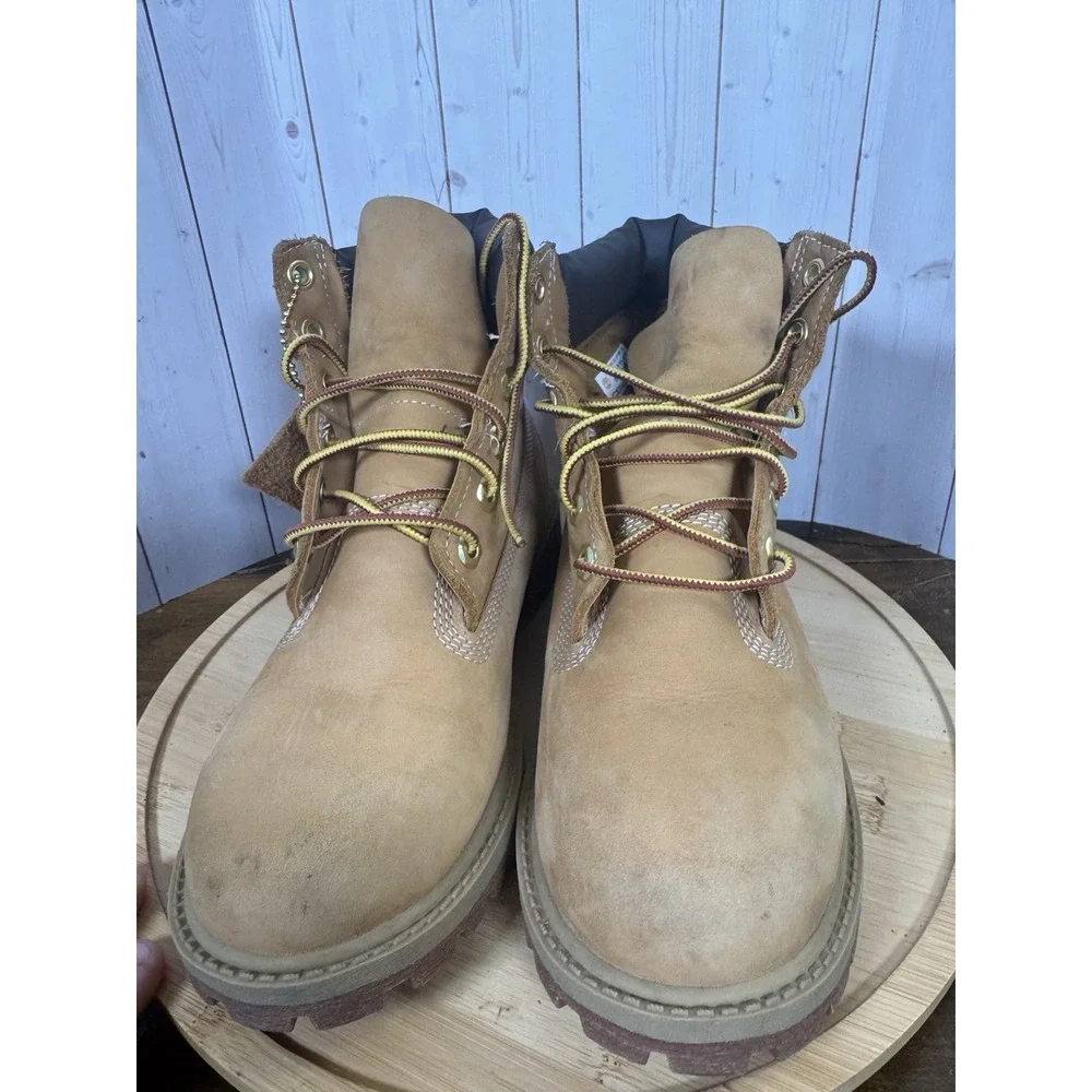 Timberland Boots Boys Size 4 Wheat 6-Inch‎ Nubuck Lace Up Padded Collar A8398